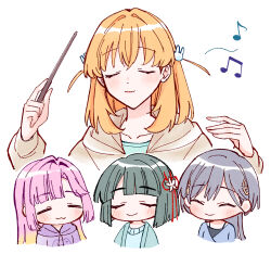  4girls :3 =_= anyoji_hime anyoji_hime_(sega_lucky_lottery_sleepwear) aqua_cardigan aqua_shirt beamed_eighth_notes black_camisole black_hair blonde_hair blue_shirt blue_sweater blunt_bangs blunt_ends blunt_sidelocks bob_cut brown_jacket camisole cardigan closed_eyes closed_mouth conductor_baton crossed_bangs eighth_note flower flower_knot game_controller_print gradient_hair grey_hair hair_flower hair_ornament highres hinoshita_kaho hinoshita_kaho_(summer_loungewear) holding hood hooded_jacket hoodie jacket jellyfish_cut katsuragi_izumi katsuragi_izumi_(winter_loungewear) link!_like!_love_live! long_hair long_sleeves love_live! medium_hair momose_ginko momose_ginko_(sega_lucky_lottery_sleepwear) multicolored_hair multiple_girls musical_note open_clothes open_jacket orange_hair pink_hair print_hoodie purple_hoodie rabbit_hair_ornament shirt short_hair sidelocks smile sweater triangle_hair_ornament two_side_up virtual_youtuber white_flower zangemiya 