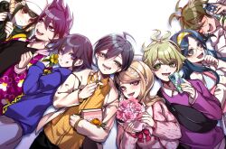  3girls 5boys :d ahoge akamatsu_kaede amami_rantaro antenna_hair black_hair bouquet brown_hair collared_shirt commentary_request danganronpa_(series) danganronpa_v3:_killing_harmony facial_hair flower goatee gokuhara_gonta green_eyes green_hair grin hair_ornament hair_scrunchie hairband happy harukawa_maki highres holding holding_bouquet holding_phone jacket long_sleeves momota_kaito multicolored_hair multiple_boys multiple_girls musical_note musical_note_hair_ornament nota_sayaka oma_kokichi open_clothes open_jacket phone pink_eyes pink_flower saihara_shuichi scrunchie shirogane_tsumugi shirt short_hair simple_background smile teeth twintails two-tone_hair white_background yellow_shirt 