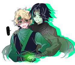  ... 2boys animification bandana black_cape black_dougi black_gloves black_hair cape commentary_request dougi drop_shadow gloves green_bandana green_headband green_sleeves green_streaks hand_on_another's_shoulder headband highres korean_commentary ll0_yd lloyd_garmadon long_sleeves looking_at_another male_focus morro multicolored_hair multiple_boys ninjago short_hair simple_background spoken_ellipsis streaked_hair sweat torn_cape torn_clothes upper_body white_background 