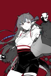  1girl arknights arm_up bare_shoulders blacknight_(arknights) blacknight_(fragrance_from_the_branches)_(arknights) blue_hair brown_eyes chinese_commentary choker choko_(cup) closed_mouth commentary_request cowboy_shot cup ear_piercing fingerless_gloves fingernails gloves hair_ornament hairclip highres holding horns jewelry light_smile long_hair mole mole_above_eye multicolored_hair multiple_moles necklace official_alternate_costume partially_colored pencil_skirt piaoliu_ping_ping_ping_pingzi piercing pointy_ears red_background shirt simple_background skirt solo split_mouth standing streaked_hair 