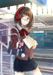  ^_^ ^o^ bag beats_by_dr._dre book bow brown_eyes brown_hair cable clock closed_eyes digital_media_player glasses headphones highres ipod orange_hair original pink-framed_glasses railroad_tracks retsuna school_bag school_uniform skirt solo strap_slip train_station wire 