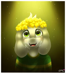  1boy 2017 2d aideemargarita animal_ears anthro asriel_dreemurr bilingual_commentary black_background body_fur border commentary crying crying_with_eyes_open deviantart_sample digital_media droopy_ears english_commentary fangs floppy_ears flower flower_wreath furry furry_male goat goat_boy goat_ears green_eyes green_sweater grey_background head_wreath horizontal-striped_clothes image_sample male male_focus male_only mammal mixed-language_commentary monster monster_boy open_mouth portrait signature simple_background skin_fangs solo spanish_commentary striped_clothes striped_sleeves striped_sweater sweater tears two-tone_background two-tone_sweater undertale utdr_(toby_fox) white_border white_fur wreath yellow_flower yellow_stripes 