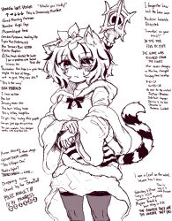  1girl absurdres animal_ears animal_print blush breasts closed_mouth dress english_text fang greyscale hagoromo highres long_sleeves looking_at_viewer medium_breasts medium_hair monochrome multicolored_hair rampa93 shawl skin_fang solo streaked_hair tail thigh-highs tiger_ears tiger_girl tiger_print tiger_tail toramaru_shou touhou wide_sleeves 