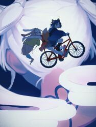  3girls animal_ears arms_up bicycle blonde_hair blue_background blue_hoodie cho_kaguya-hime! closed_eyes green_eyes highres hood hoodie japanese_clothes kaguya_(cho_kaguya-hime!) kimono leaning_back long_hair long_sleeves looking_at_viewer lop_rabbit_ears multiple_girls multiple_riders open_mouth outstretched_arms pink_shoes purple_hair rabbit_ears red_kimono riding riding_bicycle rinne_(d93ggrs) runami_yachiyo sakayori_iroha shoes short_hair sitting smile 