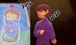  1other 2016 2022 2d ambiguous_gender anaizzzen ankle_boots artist_progress black_background blue_romper boots brown_boots brown_hair child commentary dark digital_media double_horizontal_stripe english_commentary flower frisk_(undertale) horizontal-striped_clothes human long_sleeves other_focus photo_inset pink_stripes redrawn romper short_hair simple_background solo spotlight striped_clothes striped_romper traditional_media two-tone_romper undertale utdr_(toby_fox) yellow_flower 