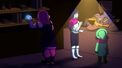  1boy 1girl 2019 2d 2others ambiguous_gender animal_ears anthro armlet armor armored_boots barefoot black_armlet black_boots black_fur black_jacket blue_hair blue_skin body_fur bodysuit book boots cat cat_ears colored_sclera colored_skin colored_teeth commentary counter dark dark_room deltarune digital_media droopy_ears elbow_rest english_commentary fangs female floppy_ears full_body furry furry_male gallifreyanpal gauntlets glasses goat goat_boy green_hat green_robe hair_over_eyes hat holding holding_key horns human jacket key kris_(dark_world)_(deltarune) kris_(deltarune) lizard lizard_girl long_hair long_sleeves male monster monster_girl multiple_others orb pants pink_hair pink_scarf pink_skin purple_fur purple_pants ralsei ralsei_(hat) reptile reptile_girl robe round_eyewear scalie scarf sharp_teeth shelf shop short_hair sleeveless sleeveless_jacket slit_pupils spiked_armlet spotlight standing susie_(dark_world)_(deltarune) susie_(deltarune) teeth utdr_(toby_fox) wizard_hat yellow_sclera yellow_teeth 