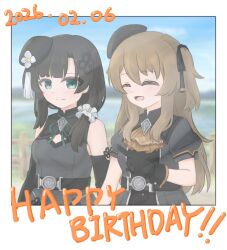  2girls ^_^ arm_at_side arms_at_sides ascot assault_lily belt beret black_belt black_dress black_gloves black_hair black_hat black_ribbon blunt_bangs blurry blurry_background border breasts brown_ascot brown_hair closed_eyes closed_mouth commentary_request dated day dress elbow_gloves fence flower gloves green_eyes green_ribbon grey_dress hair_between_eyes hair_ornament hair_over_shoulder hair_ribbon hair_scrunchie hand_up happy_birthday hat hat_flower hat_tassel kuo_shenlin long_hair looking_at_viewer looking_to_the_side medium_breasts mini_hat multiple_girls neck_ribbon official_alternate_costume one_side_up open_mouth outdoors photo_(object) pointing pointing_forward puffy_short_sleeves puffy_sleeves ribbon scrunchie short_sleeves sideways_glance sleeveless sleeveless_dress smile tilted_headwear two-tone_dress umi_(s5r1umi_1399) upper_body wang_yujia white_border white_flower white_scrunchie wooden_fence 