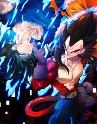  black_hair blue_sash closed_mouth dougi dragon_ball dragon_ball_gt dragon_ball_super dragon_ball_z_dokkan_battle gloves highres long_hair male_focus monkey_boy monkey_tail multiple_boys muscular muscular_male ommmyoh pants red_fur saiyan sash smile son_goku spiky_hair super_saiyan super_saiyan_4 tail twitter_username ultra_instinct_sign vegeta 