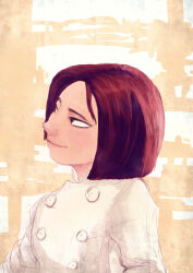  1girl black_eyes brown_hair buttons chef colette_tatou commentary disney double-breasted highres looking_to_the_side medium_hair p_kasu ratatouille sketch smile solo 