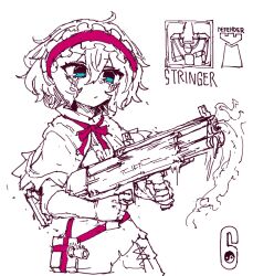  1girl alice_margatroid blue_eyes blush book bow bowtie bullpup capelet closed_mouth dress english_text fingerless_gloves gloves greyscale grimoire grimoire_of_alice gun hairband highres holding holding_gun holding_weapon kel-tec_ksg monochrome pink_bow pink_bowtie pink_hairband pump_action rampa93 short_hair shotgun solo spot_color touhou weapon 