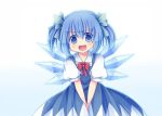  :d alternate_hairstyle blue_eyes blue_hair cirno dress ice ice_wings kurosu_rino open_mouth smile solo touhou twintails v_arms wings 