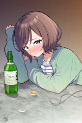  1girl akagi_natsuichi alcohol blush bottle brick_wall brown_hair cardigan commentary_request cup drinking_glass gakuen_idolmaster green_cardigan highres idolmaster jewelry necklace neo_asari shirt short_hair shot_glass signature sleeves_past_wrists solo striped_clothes striped_shirt sweatdrop unworn_jewelry unworn_necklace upper_body violet_eyes 