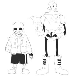  2022 2boys 2d absurdres anaizzzen arm_at_side armor black_gloves black_shorts boots brothers cape commentary digital_media drawstring duo english_commentary fingerless_gloves full_body gloves hand_in_pocket hand_on_own_hip height_difference highres hollow_eyes hood hood_down hooded_jacket humanoid jacket long_sleeves male male_focus male_only monochrome monster monster_boy multiple_boys open_clothes open_jacket papyrus_(undertale) sans_(undertale) shirt shorts siblings side-by-side simple_background single_vertical_stripe skeleton slippers socks standing straight-on striped_shorts teeth undead undertale utdr_(toby_fox) vertical-striped_clothes vertical-striped_shorts white_background white_shirt white_stripes 