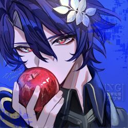  1boy apple blue_background blue_hair blue_shirt collared_shirt commentary_request dr._ratio_(honkai:_star_rail) food fruit highres holding holding_food holding_fruit honkai:_star_rail honkai_(series) laurels male_focus parted_hair portrait red_eyes retujyooo shirt signature solo watermark wing_collar 