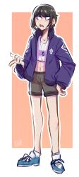  1girl abs alternate_costume black_hair blue_shoes body_freckles commentary cosmiccolours crop_top danganronpa:_trigger_happy_havoc danganronpa_(series) dog_tags freckles full_body grey_shorts highres ikusaba_mukuro jacket long_sleeves midriff open_clothes open_jacket open_mouth outline purple_jacket shirt shoelaces shoes short_hair shorts simple_background socks solo teeth untranslatable_commentary upper_teeth_only white_outline white_shirt white_socks 