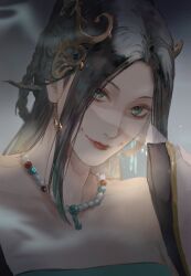  1girl bare_shoulders bead_necklace beads black_hair braid chinese_clothes collarbone dragon_hair_ornament earrings facial_mark gold_earrings green_eyes grey_background hair_ornament half_updo highres huadian jewelry long_hair looking_at_viewer necklace parted_lips path_to_nowhere see-through_clothes see-through_veil simple_background sleeves_past_fingers sleeves_past_wrists solo upper_body veil veil_lift yosomaru yugu_(path_to_nowhere) 
