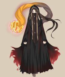  1girl barefoot black_cloak black_eyes black_hood black_veil brown_background brown_hair clenched_hands cloak commentary covered_mouth english_commentary extra_arms facing_viewer fate/strange_fake fate_(series) full_body glowing glowing_hand greyvestboy highres hood hooded_cloak long_hair long_veil mouth_veil no_name_assassin_(fate) no_shoes red_light signature solo torn_cloak torn_clothes veil very_long_hair zabaniya_(fate) 