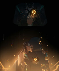  1girl 1other absurdres ambiguous_gender arknights black_coat black_gloves black_hairband breaking breasts closed_eyes coat death diamond-shaped_pupils diamond_(shape) doctor_(arknights) elloy_(ajhz2533) gloves hairband hand_on_another's_face hand_on_another's_shoulder highres hood hood_up hooded_coat jacket kiss lab_coat leaning_forward long_sleeves originium_(arknights) priestess_(arknights) shirt sweater symbol-shaped_pupils turtleneck turtleneck_shirt turtleneck_sweater white_coat white_hair white_sweater 