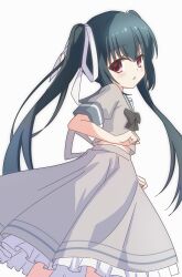  1girl absurdres alternate_costume aqua_sailor_collar black_bow black_bowtie black_hair blush bow bowtie commentary_request cowboy_shot fan_request frilled_skirt frills from_behind grey_serafuku grey_shirt grey_skirt hair_between_eyes hair_ribbon highres honma_misuzu long_hair looking_at_viewer looking_back midriff parted_lips red_eyes ribbon rishac_owo sailor_collar sakura_no_toki sakura_no_uta school_uniform serafuku shirt short_sleeves simple_background skirt solo twintails very_long_hair white_background white_ribbon 