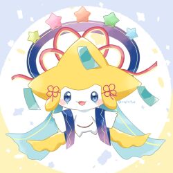  blue_eyes blush commentary_request floating full_body highres jirachi jirachi_(wishing_star) kana_(maple926) no_humans open_mouth pokemon pokemon_(creature) pokemon_cafe_remix ribbon smile solo star_(symbol) twitter_username 
