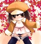  bakemonogatari blush brown_eyes brown_hair cabbie_hat chibi hat leaf monogatari_(series) sengoku_nadeko undressing yume_shokunin 