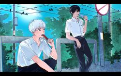  2boys belt black_border black_pants blue_sky border collared_shirt commentary_request day eating food highres hikaru_ga_shinda_natsu holding holding_food holding_popsicle indou_hikaru letterboxed looking_at_another male_focus melting_popsicle mole mole_on_neck mole_under_eye multiple_boys multiple_moles open_collar outdoors pants popsicle power_lines red_pupils road_sign scar scar_on_arm school_uniform shirt shirt_tucked_in short_hair short_sleeves sign sky squatting standing sunlight tree tsujinaka_yoshiki white_shirt x_x3999 