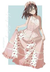  1girl absurdres aged_down bare_arms bare_shoulders birthday black_hair blue_background border closed_mouth collar commentary_request dated dress frilled_collar frills full_body grey_eyes hair_between_eyes happy_birthday head_tilt highres looking_at_viewer medium_hair mikasa_ackerman pink_dress shingeki_no_kyojin sleeveless sleeveless_dress smile solo straight-on white_border zhuse_fuxianqing 