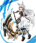  1girl absurdres animal_ears armor armored_dress axe boots dog_ears dog_tail dress gauntlets gloves greaves haik highres long_hair original red_eyes smile smirk solo tagme tail weapon white_hair 