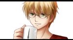  bespectacled blonde_hair casual chien_zero command_spell cup fate/prototype fate_(series) glasses green_eyes letterboxed male mug saber_(fate/prototype) short_hair solo white_background 