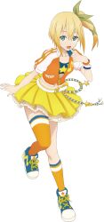  1girl artist_request blonde_hair blue_eyes blue_shoes bracelet edna_(tales) full_body game_cg green_ribbon hair_ornament hair_ribbon highres idol idol_clothes jewelry kneehighs looking_at_viewer medium_hair official_alternate_costume official_art open_mouth orange_socks pointing_at_mouth ribbon shoes side_ponytail skirt socks solo tales_of_(series) tales_of_asteria tales_of_zestiria third-party_source transparent_background yellow_skirt 