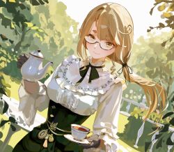  1girl absurdres black_ribbon blonde_hair closed_mouth cup glasses glitch_stars gloves green_skirt hair_ribbon high-waist_skirt highres holding holding_saucer holding_teapot kanna_yanagi long_hair long_sleeves outdoors ribbon saucer semi-rimless_eyewear shirt short_eyebrows skirt solo tea teacup teapot virtual_youtuber white_shirt yoojp 