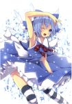  arm_up armpits bare_shoulders blue_eyes blue_hair blush bow cirno dress hair_bow highres ice ice_wings looking_at_viewer nagomi_no_ame open_mouth short_hair skirt smile solo striped striped_legwear thigh-highs thighhighs touhou wings wink 