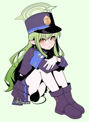  absurdres armband black_tail blue_archive blue_armband commentary demon_tail green_hair green_halo halo hat highres hikari_(blue_archive) pantyhose peaked_cap pointy_ears tail train_conductor violessence white_pantyhose 