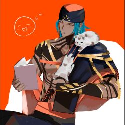 1boy animal animal_on_shoulder ashoka_(fate) becho_imu_prpr black_turban blue_hair book cat cat_on_shoulder commentary_request dark-skinned_male dark_skin earrings fate/grand_order fate_(series) flower_earrings highres holding holding_animal holding_book holding_cat indian_clothes jewelry male_focus orange_background orange_eyes sitting solo turban 