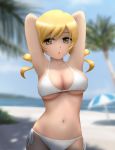  1girl :o armpits beach bikini blonde_hair breasts cleavage drill_hair highres hobunsha large_breasts long_hair mahou_shoujo_madoka_magica navel open_mouth sexy shaft_(studio) side-tie_bikini siraha solo swimsuit tomoe_mami twin_drills twintails white_bikini yellow_eyes 