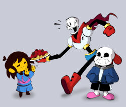  1other 2025 2boys 2d ahoge ambiguous_gender ankle_boots armor black_shorts blue_jacket blue_shirt blue_shorts boots brothers brown_boots brown_hair child clenched_hand digital_media double_horizontal_stripe fanamation food frisk_(undertale) full_body gloves grey_background grey_hood hands_in_pockets hands_up height_difference highres holding holding_food holding_plate hood hood_down hooded_jacket horizontal-striped_clothes human humanoid jacket long_sleeves male monster monster_boy multiple_boys open_clothes open_jacket papyrus_(undertale) pasta pink_slippers pink_stripes plate red_boots red_gloves red_scarf redrawn sans_(undertale) scarf shadow shirt short_hair shorts siblings simple_background single_vertical_stripe skeleton slippers socks spaghetti standing striped_clothes striped_shirt striped_shorts teeth trio two-tone_shirt undead undertale utdr_(toby_fox) vertical-striped_clothes vertical-striped_shorts white_armor white_shirt white_socks white_stripes 