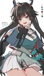  1girl arknights arknights:_endfield black_hair blue_eyes chen_qianyu_(arknights) clothes_writing color_guide contrapposto cowboy_shot film_grain green_eyes hashtag-only_commentary highres horns long_hair long_sleeves looking_at_viewer multicolored_eyes open_mouth skirt smile solo standing touma_(owo_tooooma) twitter_username two-tone_eyes watermark white_skirt 