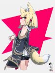  1girl ahoge animal_ear_fluff animal_ears artist_name bangs bike_shorts black_shorts blonde_hair blue_eyes blunt_bangs blush chromatic_aberration commentary_request cropped_legs eyebrows_visible_through_hair fox_ears fox_girl fox_tail from_side grey_background highres kuro-chan_(kuro_kosyou) kuro_kosyou long_sleeves original own_hands_together parted_lips pleated_skirt profile red_background short_eyebrows short_shorts shorts shorts_under_skirt sideways_glance skirt solo tail thick_eyebrows two-tone_background white_skirt wide_sleeves 