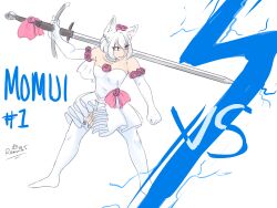  1girl alternate_costume animal_ears blue_light bow character_name collar commentary double-parted_bangs dress dress_bow elbow_gloves english_commentary english_text flower flower_as_hat flower_trim frilled_collar frilled_thighhighs frills front_slit garter_straps gloves hair_between_eyes highres holding holding_sword holding_weapon inubashiri_momiji lightning over_shoulder parted_lips pink_bow ramnik5 red_eyes rose short_hair signature simple_background sleeveless sleeveless_dress solo strapless strapless_dress sword sword_over_shoulder tail thigh-highs touhou weapon weapon_over_shoulder white_background white_collar white_dress white_garter_straps white_gloves white_hair white_thighhighs wolf_ears wolf_girl wolf_tail 
