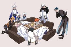  5girls 6+boys ahoge arm_behind_back black_bow black_coat black_gloves black_hair black_jacket black_pants black_shirt black_shoes black_shorts black_slippers black_socks blanket blonde_hair blue_bow blue_bowtie blue_hair blue_pantyhose blue_sailor_collar bow bowtie braid brown_background brown_hair brown_shirt captain_nemo_(fate) captain_nemo_(first_ascension)_(fate) card chaldea_uniform closed_eyes closed_mouth clothing_cutout coat commentary_request covering_with_blanket cup decoponmagi drink eyepatch facial_hair fate/grand_order fate_(series) fujimaru_ritsuka_(female) fur-trimmed_jacket fur_trim glove_cutout gloves goredolf_musik gradient_hair grey_hair hair_between_eyes hair_bow hair_slicked_back hand_on_own_chin hand_up hat_feather highres holding holding_blanket holding_hands holding_jacket holding_smoking_pipe holding_unworn_clothes jacket kadoc_zemlupus kotatsu leaning_forward leonardo_da_vinci_(fate) leonardo_da_vinci_(rider)_(fate) leonardo_da_vinci_(rider)_(first_ascension)_(fate) long_hair long_sleeves looking_at_another lying marine_nemo_(fate) mash_kyrielight mash_kyrielight_(chaldea_uniform) medium_hair multicolored_hair multiple_boys multiple_girls mustache necktie nemo_(fate) novum_chaldea olga_marie_animusphere olga_marie_animusphere_(unbeast) on_back on_one_knee on_side one_side_up ophelia_phamrsolone orange_hair pants pantyhose parted_lips playing_card puff_and_slash_sleeves puff_of_air puffy_sleeves purple_hair red_necktie sailor_collar saucer sherlock_holmes_(fate) shirt shoes short_hair shorts simple_background sitting sleeping slippers smile smoking_pipe socks squatting standing table turban twintails under_kotatsu under_table unworn_jacket white_hair white_jacket white_pants white_shirt white_slippers white_turban yunomi 