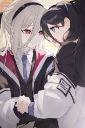  2girls aris_(blue_archive) b_soyo1 black_hair black_hairband blue_archive blue_eyes blue_necktie blush commentary double-parted_bangs hair_between_eyes hairband halo highres holding_hands jacket kei_(blue_archive) kei_(new_body)_(blue_archive) long_hair long_hair_between_eyes long_sleeves looking_at_another multicolored_jacket multiple_girls necktie open_mouth pink_eyes pink_halo ringed_eyes shirt smile two-tone_jacket untranslatable_commentary upper_body white_hair white_jacket white_shirt 