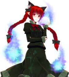  1girl animal_ear_fluff animal_ears blush bow braid cat_ears cat_tail closed_mouth commentary_request cowboy_shot crote extra_ears hair_bow hair_ornament highres hitodama holding holding_skull juliet_sleeves kaenbyou_rin large_variant_set long_hair long_sleeves looking_at_viewer multiple_tails pointy_ears puffy_sleeves red_eyes red_hair rock shirt simple_background skirt skirt_set skull solo standing tail touhou transparent_background twin_braids variant_set 