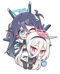  2girls ;d ankle_boots aqua_halo aris_(armed)_(blue_archive) aris_(blue_archive) bare_shoulders black_boots black_hair black_hairband black_jacket black_skirt black_thighhighs blue_archive blue_eyes blush boots bright_pupils carrying carrying_person chibi chibi_only commentary_request dot_nose double-parted_bangs full_body hair_between_eyes hairband halo highres jacket kei_(blue_archive) kei_(new_body)_(blue_archive) long_bangs long_hair long_hair_between_eyes long_sleeves looking_at_viewer mechanical_ears mechanical_wings multicolored_jacket multiple_girls no_gloves official_alternate_costume official_alternate_hairstyle one_eye_closed open_clothes open_jacket open_mouth parted_lips pink_eyes pink_halo pink_jacket pleated_skirt puffy_long_sleeves puffy_sleeves rectangular_halo ringed_eyes sidelocks simple_background skirt smile spoken_expression sucong sweatdrop thigh-highs twintails two-sided_fabric two-sided_jacket very_long_hair white_background white_hair white_jacket wings 