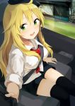  black_legwear blonde_hair blush breasts green_eyes hat hoshii_miki idolmaster long_hair necktie open_mouth rin_(royal) seatbelt sitting sleeves_rolled_up solo strap_cleavage thigh-highs thighhighs 