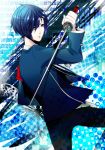  arisato_minato armband blue_eyes blue_hair male persona persona_3 school_uniform short_hair solo sword weapon 
