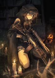  1girl absurdres aks-74u antlers arktic assault_rifle black_gloves book brown_hair candle commentary english_commentary escape_from_tarkov fingerless_gloves full_body gloves graphics_card grey_eyes gun highres holding horns kalashnikov_rifle knife long_hair looking_at_viewer open_mouth original rifle scope suppressor trigger_discipline weapon 