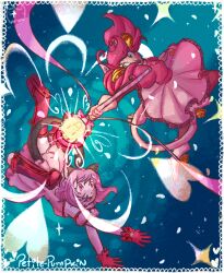  2018 2d 2girls animal_ears aqua_background artist_name battle boots border cat_ears cat_girl cat_tail commentary crossover dated_commentary digital_media dress duo english_commentary female female_only frilled_dress frills gloves green_eyes holding holding_staff holding_weapon humanoid low_twintails mad_mew_mew magical_girl mew_ichigo momomiya_ichigo multiple_girls petite-pumpkin pink_boots pink_dress pink_eyes pink_gloves pink_hair puffy_short_sleeves puffy_sleeves short_hair simple_background staff tail tokyo_mew_mew trait_connection twintails undertale utdr_(toby_fox) weapon white_border 