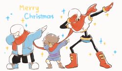  1other 2017 2boys 2d ambiguous_gender animated animated_gif ankle_boots armor black_shorts blue_jacket blue_shirt blue_shorts boots brothers brown_boots brown_hair child christmas commentary dab_(dance) digital_media double_horizontal_stripe english_commentary frisk_(undertale) full-body gloves grey_hood height_difference hood hood_down hooded_jacket horizontal-striped_clothes human humanoid jacket long_scarf long_sleeves looping_animation male mao2kon merry_christmas monster monster_boy multiple_boys open_clothes open_jacket outstretched_arm papyrus_(undertale) pink_slippers pink_stripes red_boots red_gloves red_scarf sans_(undertale) scarf shared_scarf shirt short_hair shorts siblings simple_background single_vertical_stripe skeleton slippers socks sparkle standing striped_clothes striped_shirt striped_shorts teeth text third-party_source trio two-tone_shirt undead undertale utdr_(toby_fox) vertical-striped_clothes vertical-striped_shorts white_armor white_background white_shirt white_socks white_stripes 