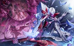  1boy bandage_on_face bandage_on_forehead bandaged_chest bandaged_head bandaged_neck bandaged_torso bandages bandages_over_mouth bird black_bandages blue_flower blue_hair boots cape collared_cape commentary_request covered_mouth fake_claws finger_claws fisheye flower genshin_impact gloves glowing glowing_skin hair_over_one_eye hand_eye heterochromia highres holding holding_polearm holding_weapon knee_up looking_ahead making-of_available male_focus medium_hair multiple_views mystical_high_collar pants pink_eyes polearm purple_flower rerir_(genshin_impact) sana5842 sitting slit_pupils standing weapon white_hair 