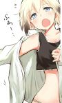  blonde_hair blue_eyes blush brown_hair erica_hartmann gradient_hair multicolored_hair open_clothes open_mouth open_shirt sandwich_(artist) short_hair solo strike_witches tank_top tears white_background yawning 